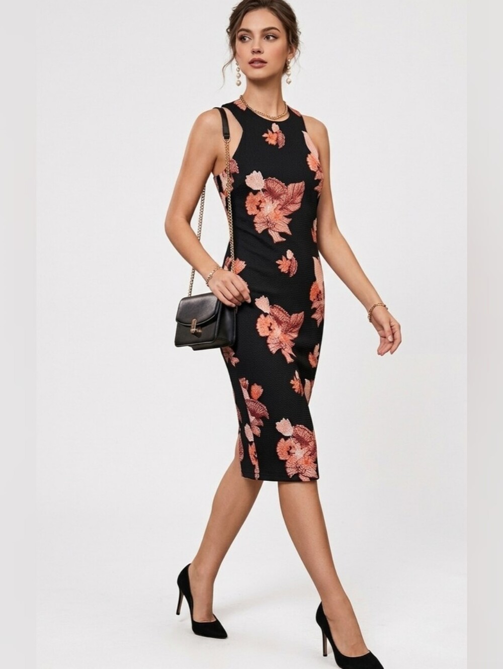 H&M S fitted Bodycon dress navy blue floral sz small shift High Neck